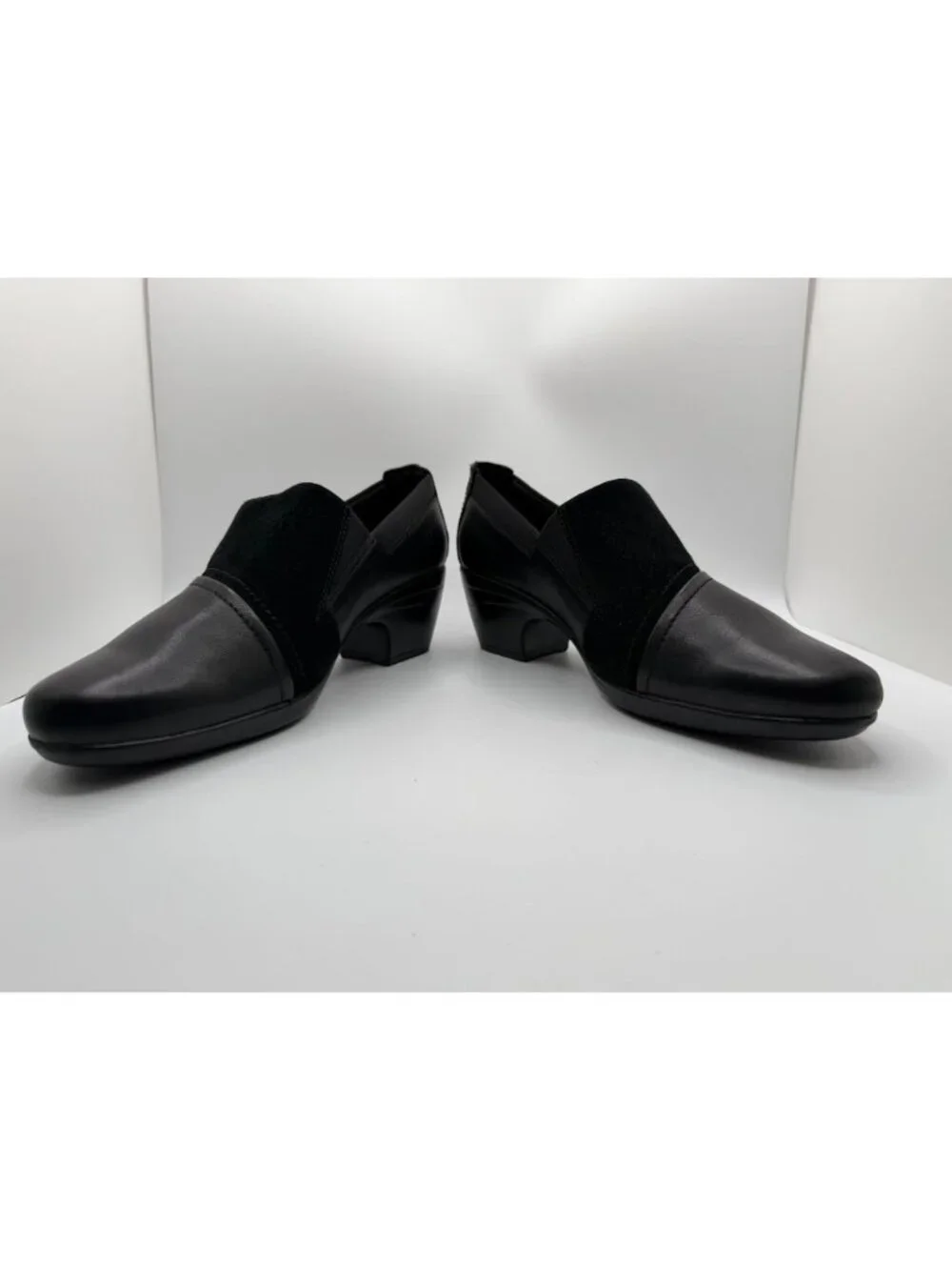 Clarks Emily Step Heel Loafers Women's Size 10M Black Leather/Suede Work Shoes